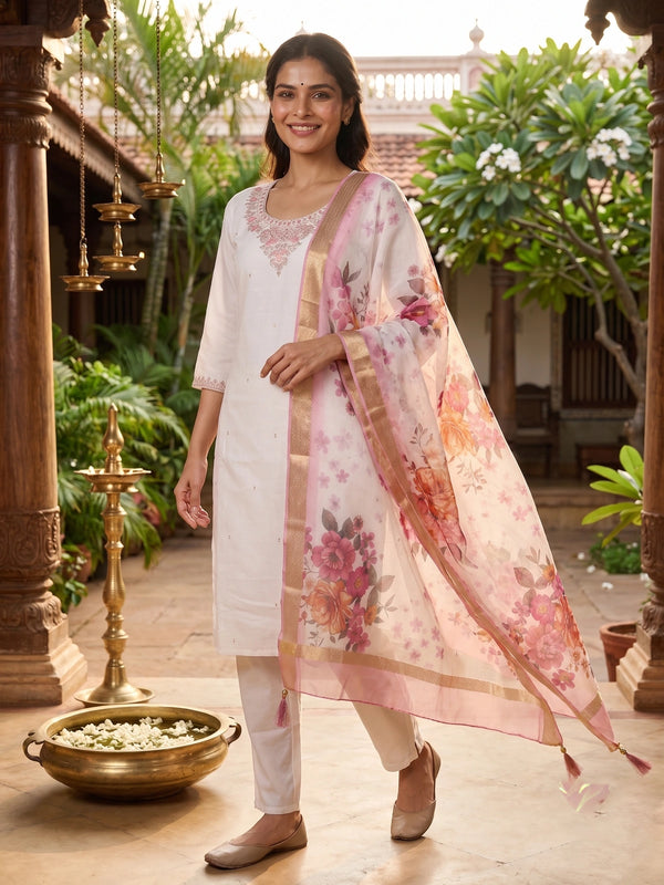 White cotton silk kurti set with zari embroidered neckline and pink floral printed dupatta