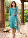 Teal with Floral Dupatta Ready Made Straight Cut Kurti Set