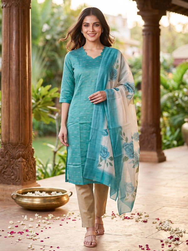 Teal green straight kurti set with woven motifs and off-white floral printed dupatta