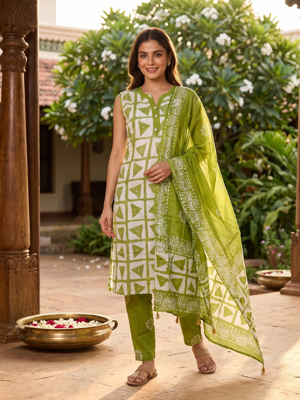 Green and white batik print cotton kurti set with straight pants and printed dupatta