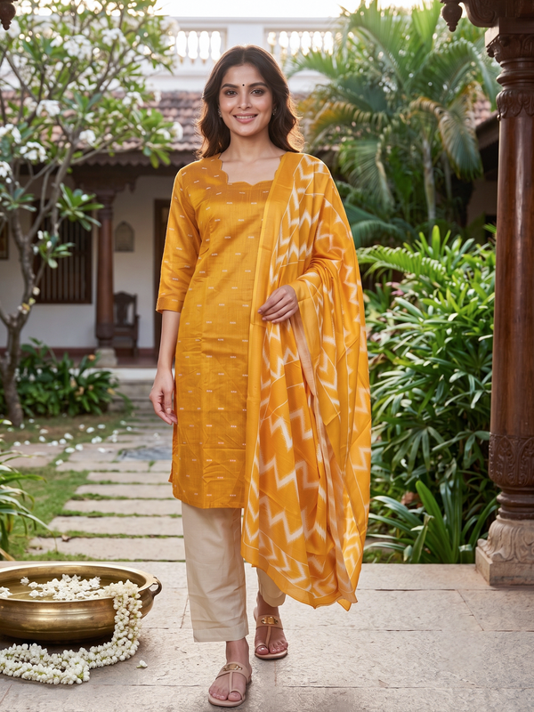 Mustard yellow woven buti kurti set with cream pants and ikat chevron print dupatta
