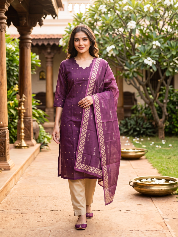 Wine purple woven buti cotton silk kurti set with beige pants and contrast border dupatta