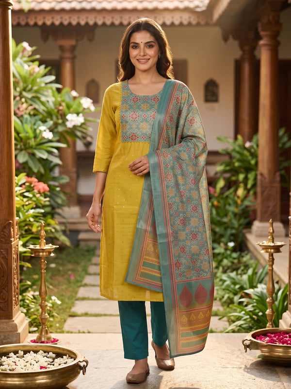 Yellow art silk kurti set with contrast teal printed yoke, teal straight pants and printed dupatta