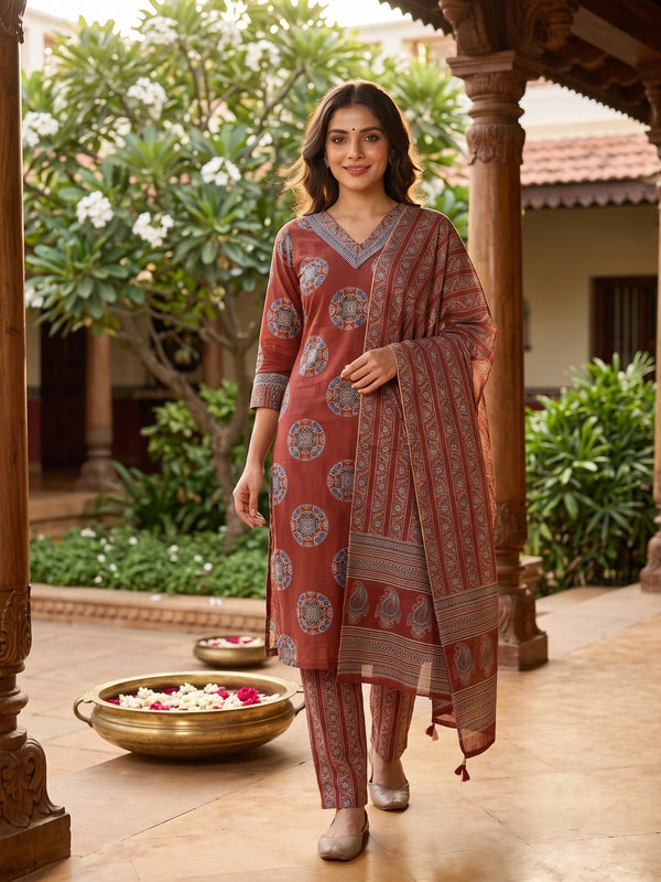 Maroon Ajrakh print cotton kurti set with blue medallion motifs, matching straight pants and printed dupatta
