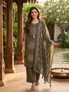 Olive Green Bandhani Print Cotton Straight Cut Kurti Set with Dupatta