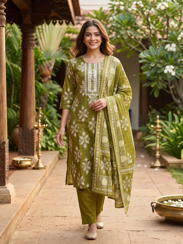 Olive green block print cotton kurti set with mirror work yoke, matching pants and printed dupatta