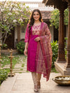 Magenta with Ikat Print Ready Made Straight Cut Kurti Set