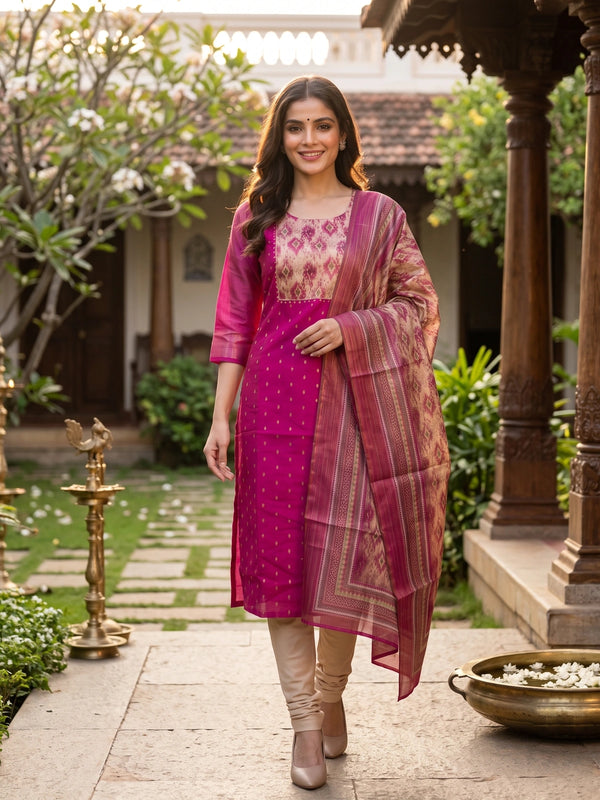 Magenta art silk kurti set with ikat-print yoke, zari booties, and matching printed dupatta