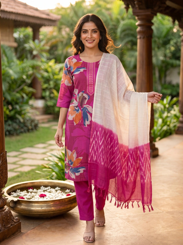 Magenta pink floral printed kurti set with straight pants and cream ombre ikat dupatta
