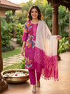 Magenta Floral Straight Cut Kurti Set with Ombre Ikat Dupatta