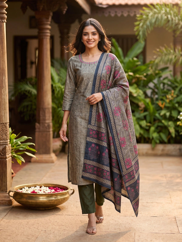 Grey art silk kurti set with embroidered neckline and pink floral printed dupatta