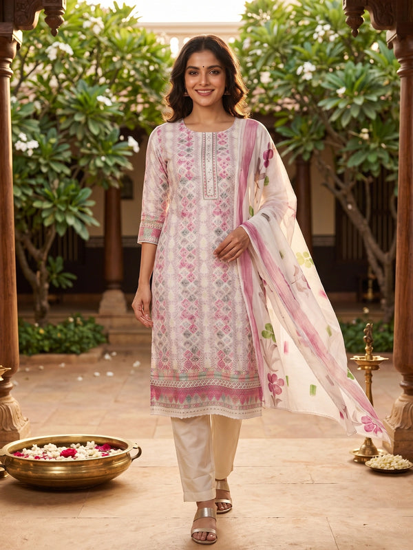 Off-white kurti set with pink multicolour floral embroidery and a floral-print lace-border dupatta