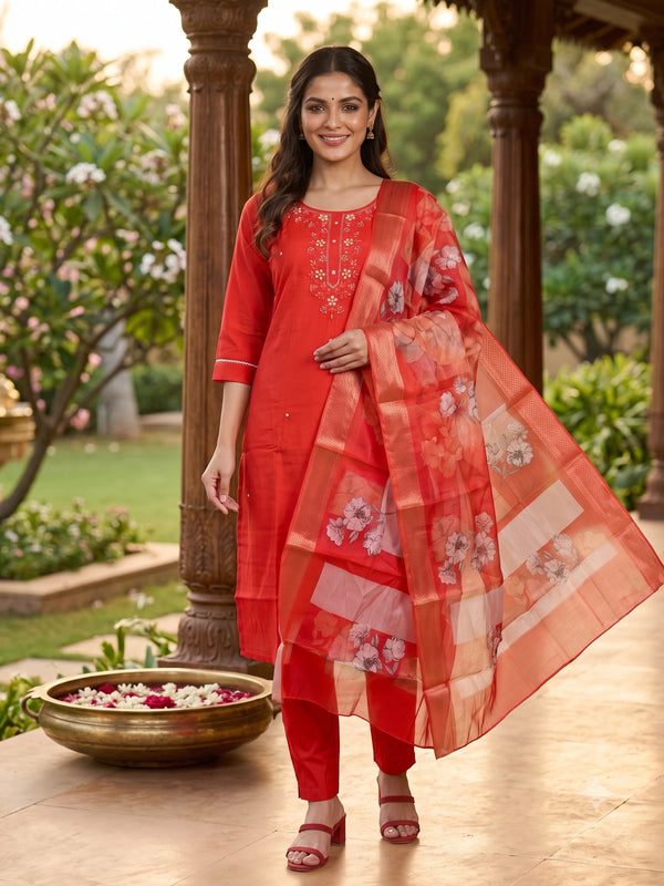 Red embroidered kurti set with straight pants and floral organza dupatta