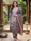 Grey Kalamkaari Straight Cut Kurti Set with Peacock Motif Dupatta