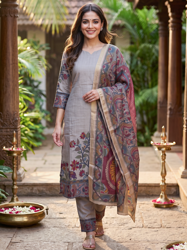 Grey Kalamkari ready made kurti set with multicolour peacock motif dupatta and straight-fit pants