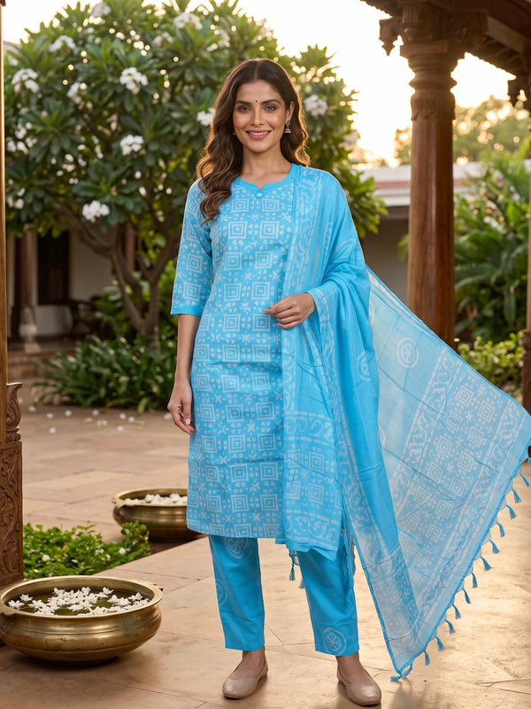 Sky blue and white batik print cotton kurti set with straight pants and tasseled dupatta