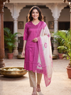 Magenta Pink with Floral Cream Dupatta Ready Made Straight Cut Kurti Set
