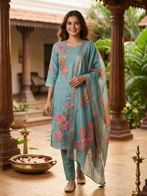 Teal blue floral and peacock printed kurti set with straight pants and matching printed dupatta