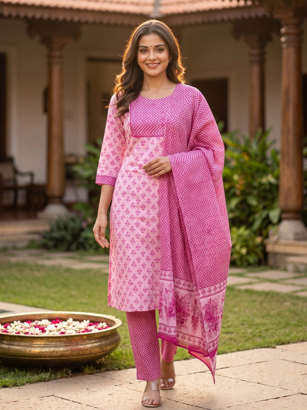 Pink floral cotton kurti set with magenta chevron yoke, straight pants and printed dupatta