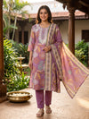 Mauve Floral Printed Cotton Straight Cut Kurti Set with Dupatta