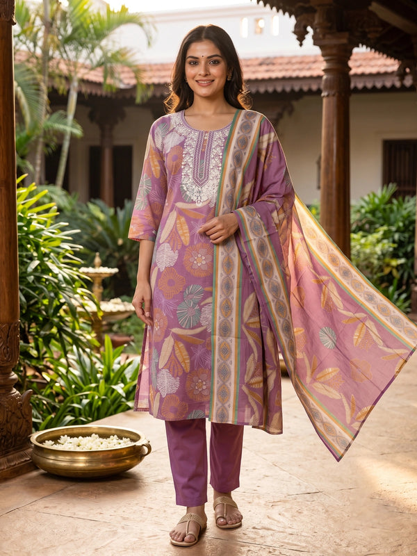 Mauve floral printed cotton kurti set with white embroidered yoke, straight pants and printed dupatta