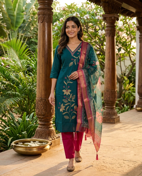 Teal Blue with Pink Dupatta Ready Made Straight Cut Kurti Set