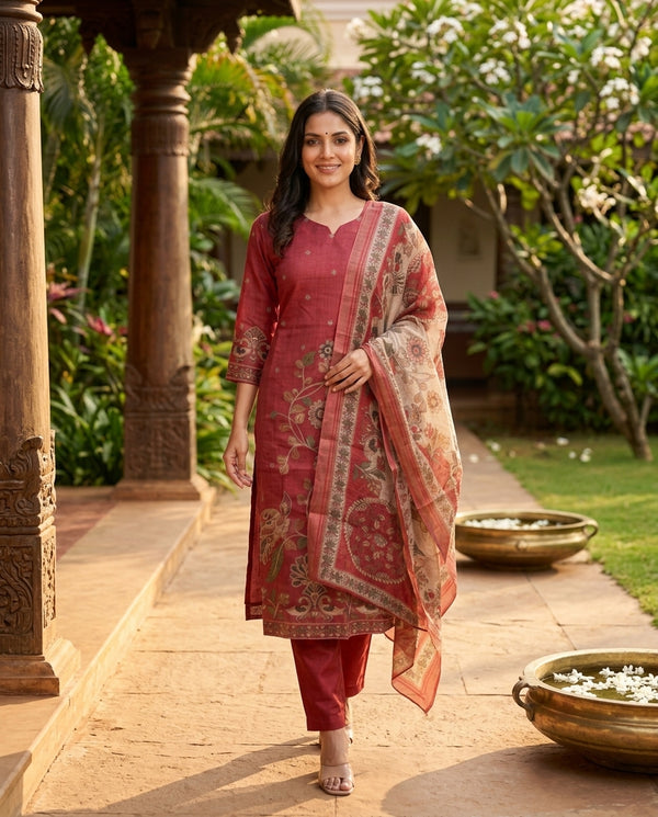 Rani Pink Embroidered Straight Cut Kurti Set with Kalamkari Dupatta