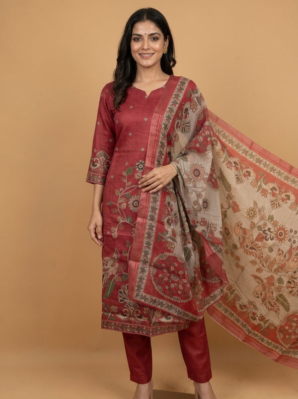 Rani Pink Embroidered Straight Cut Kurti Set with Kalamkari Dupatta