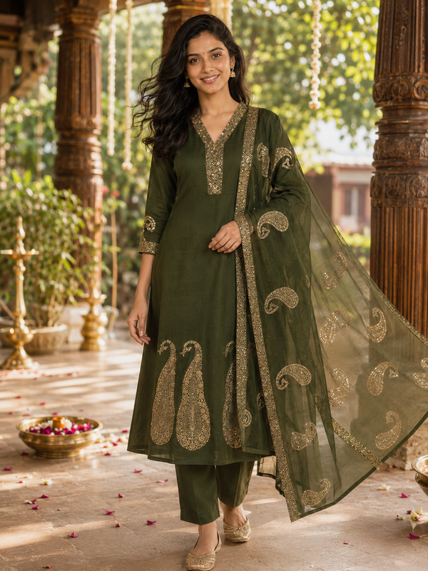 Olive green A-line kurti set with gold zari paisley embroidery, straight pants and matching dupatta