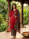 Red Cotton Kalamkari Applique Straight Cut Kurti Set