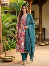 Pink Floral Printed Silk Blend with Teal Dupatta A-Line Anarkali Kurti Set