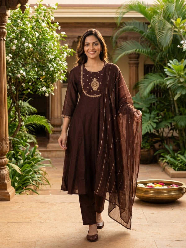 Wine art silk Anarkali kurti set with gold zari embroidered yoke and matching dupatta
