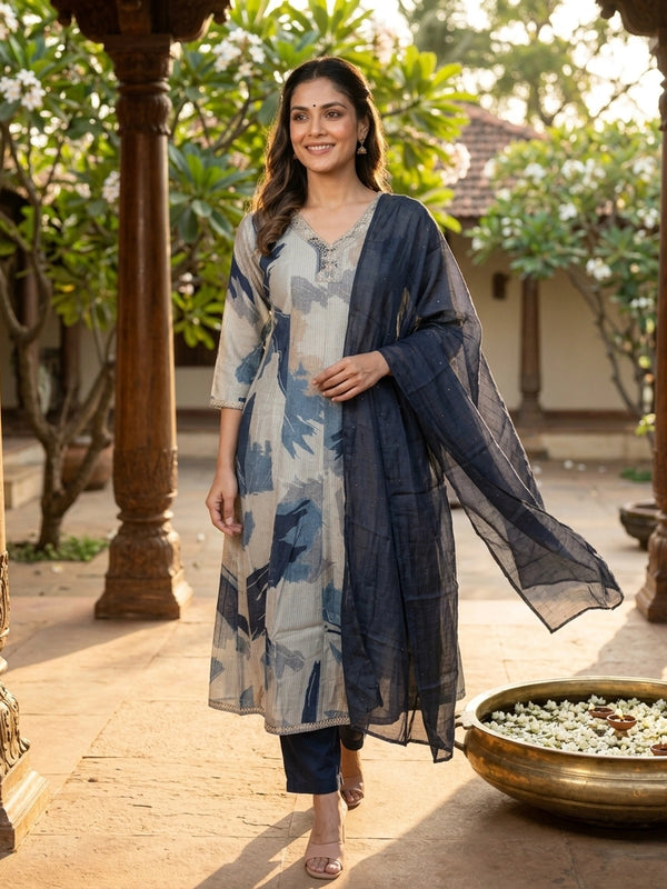 Cream and blue abstract print A-Line kurti set with zari embroidered neckline and navy dupatta