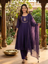 Purple Cotton Silk Zari Embroidered Anarkali Kurti Set