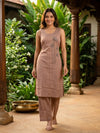 Dusty Mauve Striped Cotton Embroidered Straight Cut Kurti Set