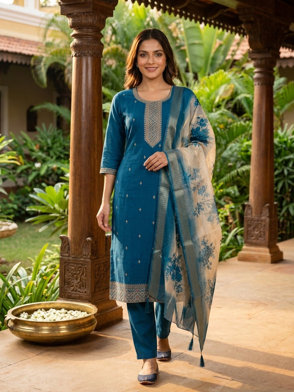 Teal Blue art silk straight cut kurti set with zari embroidery and cream floral dupatta