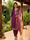 Wine Purple Zari Embroidered Straight Cut Kurti Set