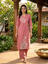 Rose Pink Cotton Peacock Kantha Embroidered Co-ord Set Kurti Set