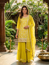 Lime Yellow Georgette Floral Embroidered Straight Cut Kurti Set