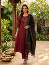 Maroon Cotton Ajrakh Mirror Work A-line / Anarkali Kurti Set