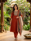 Rust Red Cotton Mirror Work A-line / Anarkali Kurti Set