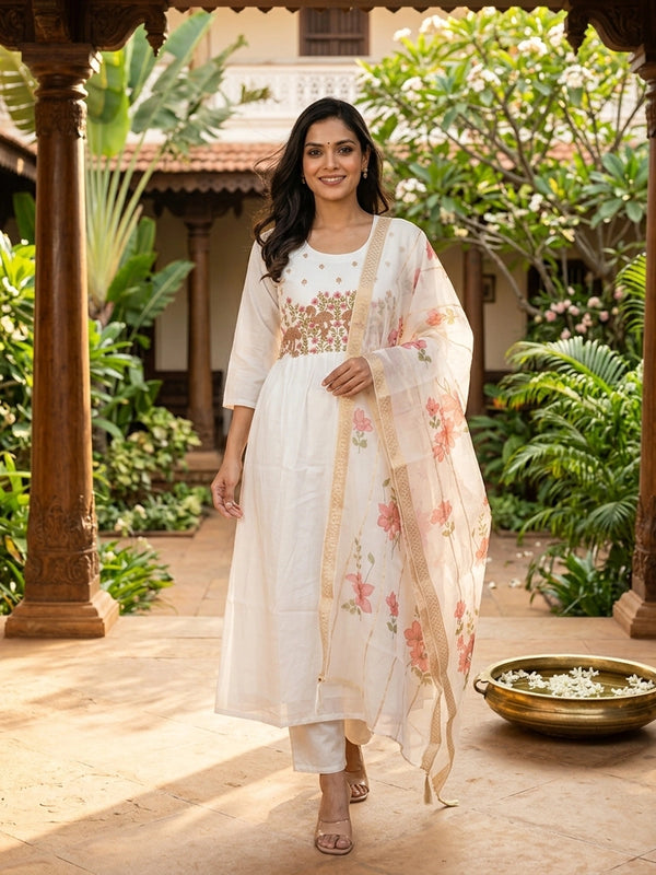 White flamingo embroidered cotton Anarkali kurti set with floral printed dupatta
