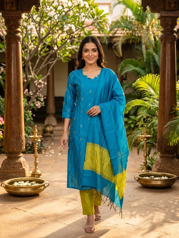 Teal Blue Art Silk zari buti straight cut kurti set with lime green pants and contrast bordered dupatta