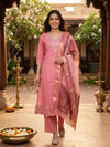 Rose Pink Cotton Embroidered with Contrast Dupatta A-Line Anarkali Kurti Set