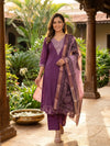 Purple Embroidered Cotton A-Line Anarkali Kurti Set