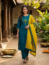 Teal Cotton Mirror Embroidered Straight Cut Kurti Set