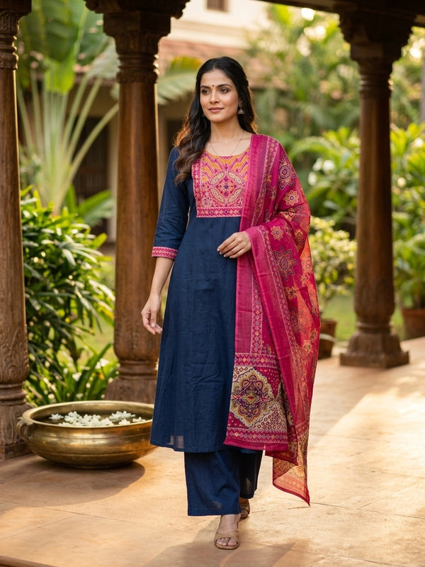 Navy Blue cotton Anarkali kurti set with mirror-work embroidered yoke and pink Ajrakh-print dupatta