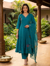 Teal Hand-Painted Floral A-line / Anarkali Kurti Set