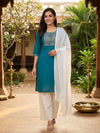 Teal Blue Cotton Embroidered Anarkali Top