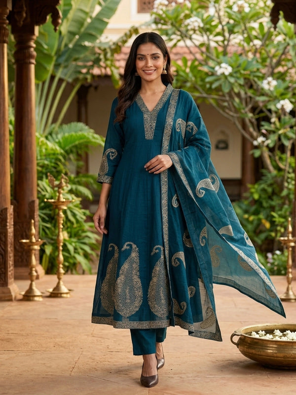 Teal zari embroidered paisley Anarkali kurti set with pants and dupatta